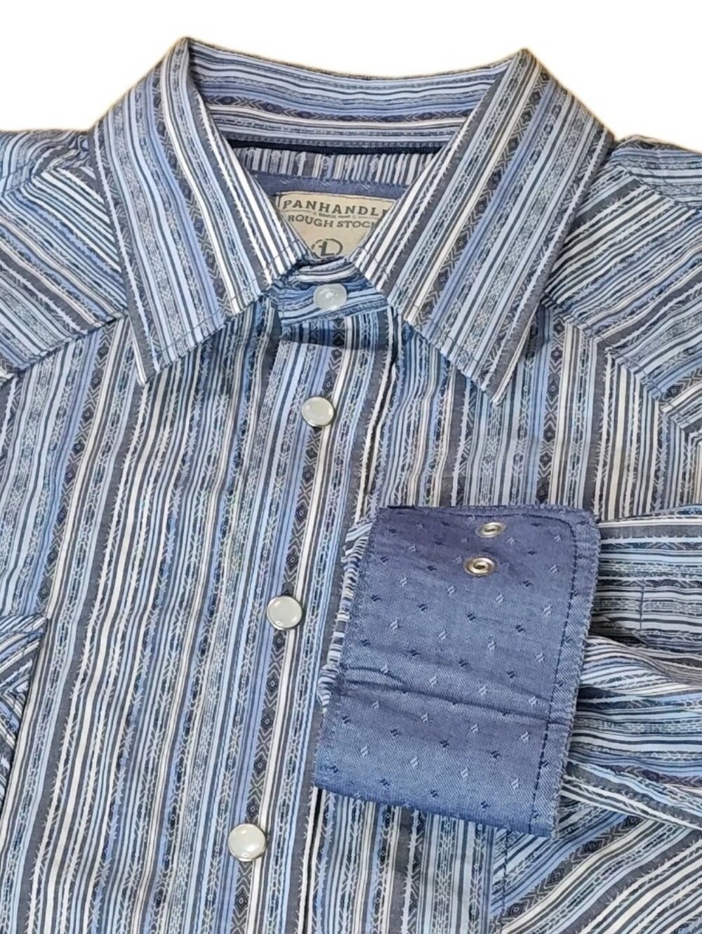 Panhandle Rough Stock Western Pearl Snap Shirt Blue Tribal Southwest Striped Lg